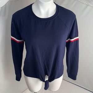 SIX FIFTY navy knot front crew neck sweatshirt with stripes on arms S